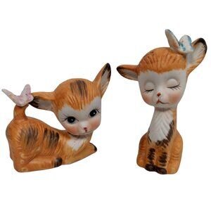 Vintage Deer Figurine Pair Anthropromorphic Bisque Porcelain Kitschy Butterfly